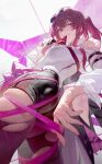 1girl absurdres ass black_jacket black_shorts breasts clothing_cutout commentary eyewear_on_head glove_in_mouth gloves high-waist_shorts highres holding holding_unworn_clothes holding_unworn_jacket honkai:_star_rail honkai_(series) jacket jacket_on_shoulders kafka_(honkai:_star_rail) large_breasts looking_afar looking_back modare mouth_hold pantyhose pince-nez ponytail purple_eyes purple_gloves purple_hair purple_pantyhose shirt shorts shoulder_cutout solo unworn_jacket white_background white_shirt 