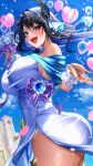  1girl 404_(pixiv_94263879) :d asymmetrical_horns balloon bare_shoulders black_hair blue_hair blue_sky bouquet breasts bride colored_inner_hair commentary dress english_commentary falling_petals flower from_side heart_balloon highres holding holding_bouquet hololive hololive_english horn_flower horns large_breasts long_hair looking_at_viewer mole mole_under_eye multicolored_hair nerissa_ravencroft off-shoulder_dress off_shoulder open_mouth outdoors petals purple_eyes side_slit sidelocks sky smile solo teeth uneven_horns upper_teeth_only virtual_youtuber wedding_dress white_dress wrist_cuffs 