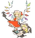  2girls absurdres apron ascot black_dress black_hat blonde_hair bow braid closed_mouth commentary crystal_wings dress embodiment_of_scarlet_devil english_commentary flandre_scarlet frilled_skirt frills hat hat_bow highres kirisame_marisa laevatein_(touhou) mob_cap multiple_girls nintendo_switch_2 official_alternate_costume puffy_short_sleeves puffy_sleeves red_eyes red_vest ribbon short_sleeves side_braid side_ponytail simple_background single_braid skirt skirt_set smile surprised temmie_chang touhou vest waist_apron white_background wide-eyed wings witch_hat yellow_ascot 