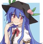  1girl black_hat blue_background blue_hair blush border bow bowtie buttons center_frills closed_mouth collared_shirt commentary double-parted_bangs downturned_eyes flat_chest frills hair_between_eyes hand_to_own_mouth hand_up hat hat_ornament hinanawi_tenshi leaf_hat_ornament long_hair looking_at_viewer minoru_minoru outside_border peach_hat_ornament puffy_short_sleeves puffy_sleeves red_bow red_bowtie red_eyes shirt short_sleeves simple_background sleeve_cuffs smile solo stifled_laugh touhou trembling turning_head upper_body white_border white_shirt wing_collar 