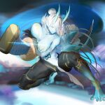  1girl asutraya_mikumari_no_mikoto barefoot blue_skin breasts colored_skin commentary_request covered_nipples duel_monster full_body highres holding holding_sword holding_weapon horns large_breasts long_hair on_one_knee oni pants solo sword weapon xunfengbeng yu-gi-oh! 