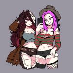  1girl a_nightmare_on_elm_street ahoge anneecherry_(character) antenna_hair belt black_hair black_hat black_thighhighs borrowed_character breasts cellphone cleavage collarbone cosplay fishnet_thighhighs fishnets freddy_krueger freddy_krueger_(cosplay) friday_the_13th fur-trimmed_shorts fur_trim gloves hair_over_one_eye hat highres hockey_mask holding holding_phone jacket jason_voorhees jason_voorhees_(cosplay) large_breasts lips long_hair mask mask_on_head mizzu_(mizzuiita) mizzuiita mole mole_on_breast navel original pants phone pink_hair red_hair scar scar_on_chest scar_on_stomach scar_on_thigh shirt short_shorts shorts simple_background smartphone smile solo striped_clothes thighhighs torn_clothes torn_jacket torn_pants torn_shirt very_long_hair yellow_eyes 