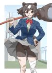  1girl alternate_costume animal_ears bandaged_leg bandages bandaid bandaid_on_cheek bandaid_on_face bandaid_on_leg bear_ears bear_girl bear_tail bike_shorts bike_shorts_under_skirt blue_jacket border bow bowtie brown_bear_(kemono_friends) brown_eyes brown_hair brown_shorts buttons chain-link_fence clothes_lift collared_shirt commentary_request day extra_ears feet_out_of_frame fence floating_hair grey_hair grey_skirt hand_on_own_hip hand_up highres holding holding_polearm holding_weapon jacket kemono_friends legs_apart long_sleeves looking_at_viewer medium_hair multicolored_hair on_rooftop outdoors outside_border over_shoulder paid_reward_available paw_stick polearm red_bow red_bowtie rooftop school_uniform shirt shorts skirt skirt_lift smile solo standing straight-on tail tanabe_(fueisei) too_many_bandaids two-tone_hair weapon weapon_over_shoulder white_border wind wind_lift wing_collar 