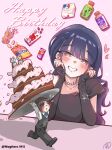  1boy 1girl birthday_cake black_dress black_sleeves blue_eyes blue_hair blush boku_no_kokoro_no_yabai_yatsu bright_pupils brown_eyes brown_hair cake commentary_request detached_sleeves dress food hair_between_eyes hands_on_own_cheeks hands_on_own_face happy_birthday head_rest ichikawa_kyoutarou jewelry long_hair mini_person miniboy necklace nogitarou pearl_necklace pink_background smile twitter_username white_pupils yamada_anna 