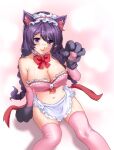  1girl absurdres animal_ears animal_hands apron bakemonogatari blush bow bowtie breasts cat_ears cleavage commentary detached_collar detached_sleeves frilled_apron frills from_above glasses gloves hand_up hanekawa_tsubasa highres hinaumma large_breasts long_hair looking_at_viewer maid maid_headdress monogatari_(series) navel open_mouth paw_gloves paw_pose pink_thighhighs pink_tube_top purple_eyes purple_hair red_bow red_bowtie sitting smile solo stomach strapless tail thighhighs tube_top waist_apron white_apron 