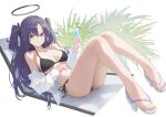  1girl absurdres alternate_costume bikini black_bikini black_halo blue_archive blue_eyes blue_halo breasts chair cherry cleavage cocktail_glass commentary_request cup drinking_glass drinking_straw food fruit full_body hair_between_eyes halo hand_on_own_stomach heine_(haloo1101) high_heel_sandals high_heels highres holding holding_cup jacket large_breasts lemon light_blush long_hair looking_at_viewer mechanical_halo multicolored_halo navel off_shoulder plant purple_hair sandals sitting smile solo swimsuit twintails two-tone_halo two_side_up white_jacket yuuka_(blue_archive) 