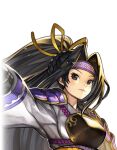  1girl another_eden another_eden_art_team arm_up armor azami_(another_eden) black_eyes black_hair breasts curtained_hair forehead_protector hair_ribbon japanese_armor japanese_clothes katana kimono kote long_hair long_sleeves looking_at_viewer lowres medium_breasts official_art ponytail ribbon samurai shoulder_armor simple_background smile solo sword tachi-e third-party_source transparent_background upper_body variant_set weapon white_kimono wide_sleeves yellow_ribbon 