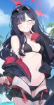  1girl absurdres belt bikini bikini_bottom_under_shorts bikini_under_clothes black_bikini black_hair black_shorts black_wings blue_archive breasts clothes_pull commentary_request eyewear_on_head feathered_wings finger_to_cheek halo highres ichika_(blue_archive) ichika_(swimsuit)_(blue_archive) jacket long_hair looking_at_viewer low_wings medium_breasts momomoi_momoi navel o-ring o-ring_bikini o-ring_top official_alternate_costume one_eye_closed open_clothes open_fly open_jacket open_shorts red_belt red_halo revision shorts shorts_pull smile solo stomach sunglasses swimsuit unusually_open_eyes wings 