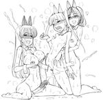  3girls cum ejaculation futanari mashitaka monochrome multiple_girls open_mouth simple_background source_request sweat 
