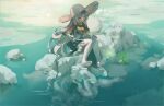  1girl absurdres black_hairband bow breasts cellphone commentary_request feet firefly_(honkai:_star_rail) frilled_sleeves frills green_skirt grey_hair hair_between_eyes hair_intakes hair_ornament hairband hat highres holding holding_phone honkai:_star_rail honkai_(series) layered_sleeves long_hair long_sleeves medium_breasts neckerchief no_shoes on_rock orange_neckerchief outdoors pantyhose phone reflection reflective_liquid shang_guan_lin_ying shirt short_over_long_sleeves short_sleeves sitting skirt skirt_bow smile soles solo straw_hat very_long_hair water white_pantyhose 