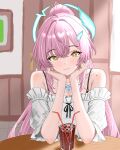  1girl absurdres aemeath_(wuthering_waves) alternate_costume closed_mouth commentary_request cup drinking_glass drinking_straw hair_ornament head_rest highres indoors long_hair looking_at_viewer mole mole_on_shoulder off-shoulder_shirt off_shoulder orange_eyes partial_commentary pink_hair ponytail pov_across_table shirt smile solo star-shaped_pupils star_(symbol) symbol-shaped_pupils wanikani_(cradile) white_shirt wuthering_waves 