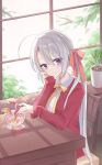  1girl \||/ absurdres ahoge ayachi_nene backlighting blush bow bowtie cafe casual chinese_commentary closed_mouth collared_shirt commentary_request cowboy_shot day grey_hair hair_between_eyes hand_on_own_cheek hand_on_own_face hand_up head_rest highres huge_ahoge indoors liangzi_baiyue_(skai) long_hair looking_at_viewer neck_ribbon plant potted_plant purple_eyes red_ribbon ribbon sanoba_witch shirt side_ponytail sidelocks sitting sleeves_past_wrists smile solo very_long_hair white_shirt window window_shadow yellow_bow yellow_bowtie yellow_ribbon 