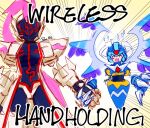  2boys armor artist_name blue_armor blue_helmet blush_stickers closed_eyes commentary copy_x_(mega_man) cowboy_shot emphasis_lines english_commentary english_text forehead_jewel halo helmet highres holding_hands male_focus mega_man_(series) mega_man_zero_(series) mega_man_zero_1 mega_man_zero_3 motion_lines multiple_boys omega_(first_form)_(mega_man) omega_(mega_man) open_mouth panco_1812 rayman_limbs 