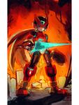 1boy android armor blonde_hair border commentary energy_sword expressionless forehead_jewel full_body helmet highres holding holding_sword holding_weapon long_hair male_focus maro_maronomaro mega_man_(series) mega_man_zero_(series) pillarboxed red_armor red_helmet solo standing sword weapon white_border z_saber zero(z)_(mega_man) zero_(mega_man) 