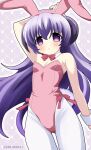  1girl 2000s_(style) absurdres animal_ears arm_behind_head blush bow bowtie cowboy_shot fake_animal_ears from_below hanyuu highres higurashi_no_naku_koro_ni horns leotard pantyhose pink_leotard playboy_bunny pout purple_eyes purple_hair rabbit_ears rabbit_tail red_bow red_bowtie satokocel solo tail white_pantyhose 
