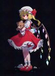  1girl ascot back_bow black_background blonde_hair blush bow commentary_request corn_kuten crystal_wings flandre_scarlet frills full_body hat hat_bow holding holding_stuffed_toy looking_at_viewer mary_janes mob_cap puffy_short_sleeves puffy_sleeves red_bow red_eyes red_shoes red_skirt red_vest shirt shoes short_hair short_sleeves side_ponytail skirt smile socks solo stuffed_toy torn_stuffed_toy touhou twitter_username vest white_shirt wings yellow_ascot 