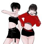  2girls bare_shoulders belt biting biting_own_finger black_hair blue_eyes chainsaw_man choker collarbone crop_top ear_piercing green_eyes highres long_sleeves mitaka_asa multiple_girls needbee_r piercing red_belt red_eyes red_shirt ringed_eyes scar scar_on_cheek scar_on_face scar_on_nose shirt shorts side_ponytail sleeveless striped_clothes tongue tongue_out twintails wide_hips yoru_(chainsaw_man) 