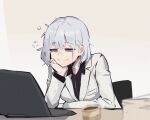  1girl bandaged_neck bandages business_suit closed_mouth coffee commentary_request computer cup disposable_coffee_cup disposable_cup formal_clothes girls'_frontline grey_suit head_rest highres korean_commentary laptop long_sleeves official_alternate_costume paper paper_stack purple_eyes rpk-16_(girls'_frontline) rpk-16_(renate)_(girls'_frontline) shell_81mm simple_background smile solo squeans suit upper_body white_background 