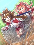  2girls absurdres agnes_digital_(umamusume) animal_ears blue_eyes bow brown_hair commentary derivative_work drooling ear_ornament english_commentary gym_shirt hair_between_eyes hair_bow highres horse_ears horse_girl horse_tail in_shopping_cart jacket long_hair mouth_drool multicolored_hair multiple_girls open_mouth pink_hair purple_eyes pushing_cart red_jacket red_shorts scalizo sharp_teeth shinko_windy_(umamusume) shirt shopping_cart short_hair shorts smile tail teeth tracen_training_uniform track_jacket umamusume white_hair white_shirt 
