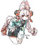  1girl animal_ear_fluff animal_ears aqua_shirt black_dress blush braid braided_twintails breasts dress earrings furry furry_female hair_ornament highres houtengeki jewelry leaning_forward long_hair long_sleeves looking_at_viewer pendant pink_fur pink_hair rabbit_ears rabbit_girl rabbit_tail red_eyes shirt small_breasts solo sphere_hair_ornament tail zenless_zone_zero zhao_(zenless_zone_zero) 