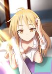  bed blonde_hair bottomless breasts dress_shirt light_rays long_hair looking_at_viewer md5_mismatch medium_breasts naked_shirt nekota_susumu orange_eyes sakura-sou_no_pet_na_kanojo shiina_mashiro shirt solo sunbeam sunlight white_shirt 