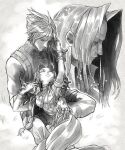  1girl 2boys absurdres aerith_gainsborough armor artist_name bracelet braid braided_ponytail breasts bronzeyolk choker cloud_strife commentary cropped_jacket dress english_commentary final_fantasy final_fantasy_vii final_fantasy_vii_rebirth final_fantasy_vii_remake flower_choker grass greyscale hair_between_eyes hand_in_another's_hair hetero highres holding_hands jewelry lap_pillow long_dress long_hair medium_breasts monochrome multiple_boys multiple_bracelets parted_bangs pauldrons ribbed_shirt sephiroth shirt short_hair shoulder_armor sidelocks single_bare_shoulder single_braid single_pauldron sleeveless sleeveless_turtleneck smile spiked_hair suspenders turtleneck upper_body 