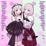  1boy 1girl bare_shoulders black_dress black_jacket black_shirt black_vest blush braid breasts colored_inner_hair commentary dagger dress dual_persona fate/grand_order fate_(series) francesca_prelati_(fate) francesca_prelati_(third_ascension)_(fate) francois_prelati_(fate) francois_prelati_(third_ascension)_(fate) grey_dress grey_hair head_spikes highres jacket knife long_hair long_sleeves looking_at_viewer medium_breasts multicolored_hair off_shoulder open_mouth parted_bangs puffy_shorts red_eyes red_shorts ringed_eyes shirt short_hair shorts smile thighs twin_braids two-tone_dress vest weapon white_hair white_shirt xue_mei_(zyzm3884) 