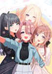  4girls :d :o ;d absurdres amaya_tsubame arimura_mao asymmetrical_bangs black_hair blonde_hair brown_hair commentary_request eyes_visible_through_hair finger_counting gakuen_idolmaster green_eyes hair_over_one_eye high_ponytail highres himesaki_rinami idolmaster index_finger_raised juo_sena looking_at_viewer middle_w mixed-language_commentary multiple_girls one_eye_closed pink_hair ponytail purple_eyes smile star_(symbol) uchihara w 