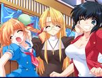  3girls black_hair blonde_hair blue_eyes blush clenched_teeth cross daikokuya_kyouko downhill_night emily_(artist) emily_(pure_dream) eyes_closed fang game_cg kotosato_yuuna multiple_girls nun short_hair teeth top_(company) twintails wince yano_maria 