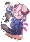  1boy 1girl :d absurdres black_hair blue_bow blue_bowtie blue_jacket blue_streaks blush bow bowtie breasts bright_pupils clenched_hands colored_inner_hair commentary_request demon_girl demon_horns demon_tail demon_wings desk diagonal-striped_bow diagonal-striped_bowtie diagonal-striped_clothes excited fang from_above grey_skirt heart highres horns jacket kanan-sama_wa_akumade_choroi kanan_(kanan-sama) kyougi_youji large_breasts looking_at_another looking_at_viewer medium_hair multicolored_hair necktie on_desk pantyhose pink_eyes pink_hair pleated_skirt pointy_ears raised_eyebrows red_horns red_necktie school_desk school_uniform seigetsu_kotaku shirt short_hair simple_background skin_fang skirt slit_pupils smile smug streaked_hair striped_bow striped_bowtie striped_clothes tail v-shaped_eyebrows white_background white_shirt wings 