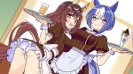  animal_ears apron ass bent_over blue_hair blue_tail blush braid breasts brown_hair brown_skirt brown_tail buena_vista_(umamusume) cesario_(umamusume) closed_mouth coco's commentary_request crown_braid cup drinking_glass ear_covers employee_uniform frilled_apron frilled_skirt frills ganimede holding holding_tray horse_ears horse_girl horse_tail looking_at_viewer medium_breasts medium_hair midriff_peek multicolored_hair open_mouth panties puffy_short_sleeves puffy_sleeves purple_eyes red_eyes short_hair short_sleeves side_braids skirt smile streaked_hair tail thighs tray umamusume underwear waist_apron white_apron white_panties white_streaks white_wrist_cuffs wrist_cuffs 