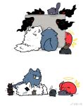  amiya_(arknights) angel_wings animal_ears arknights cat_girl cat_tail chibi chinese_commentary commentary_request doctor_(arknights) exusiai_(arknights) exusiai_the_new_covenant_(arknights) ghost halo helping highres hua_ren_nan jessica_(arknights) lappland_(arknights) lappland_the_decadenza_(arknights) no_humans petting rabbit_girl rabbit_tail tail texas_(arknights) wings wolf_ears wolf_girl wolf_tail 