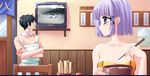  1girl bowl chopsticks downhill_night emily_(artist) emily_(pure_dream) food game_cg lily_tail noddles noodles purple_eyes purple_hair short_hair television top_(company) 