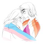  2girls alien_stage caramel_fucks commentary earrings english_commentary highres jewelry kiss kissing_forehead lesbian_flag lgbt_pride long_hair mizi_(alien_stage) multiple_girls short_hair sua_(alien_stage) transgender_flag yuri 