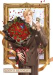  1boy antique_phone black_necktie blonde_hair blue_butterfly blue_eyes border bouquet bow brown_jacket brown_pants brown_suit bug butterfly character_name collared_shirt commentary cowboy_shot english_commentary falling_petals flower formal_clothes gold_ribbon highres holding holding_bouquet holding_phone jacket leon_s._kennedy male_focus medrowjz necktie pants parted_bangs petals phone picture_frame pink_bow pink_petals red_flower red_petals red_rose resident_evil rose rotary_phone shirt short_hair solo suit suit_jacket white_border white_shirt 