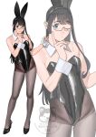  1girl absurdres animal_ear_hairband animal_ears black_hair black_leotard black_pantyhose black_shoes breasts cowboy_shot detached_collar fake_animal_ears full_body glasses green_eyes hairband high_heels highres index_finger_raised kantai_collection leotard long_hair looking_at_viewer ojipon one_eye_closed ooyodo_(kancolle) pantyhose playboy_bunny rabbit_ears see-through_strap shoes simple_background small_breasts solo strapless strapless_leotard thighband_pantyhose watermark white_background wrist_cuffs zoom_layer 