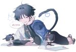  3boys absurdres animal_ears arm_support armor barefoot belt black_belt black_bodysuit black_bow black_bridal_gauntlets black_kimono black_sandals black_shorts black_sleeves blue_cape blue_eyes blue_gem blue_kimono blue_sleeves blunt_ends blush bodysuit bow bridal_gauntlets bright_pupils cape cat_boy cat_ears cat_tail choppy_bangs commentary covered_collarbone crossed_legs eyelashes eyeliner fangs feathers fingernails full_body furisode gem genshin_impact gold_ring grey_hair hair_intakes hand_on_own_face heart highres japanese_armor japanese_clothes juban kariginu kimono korean_text kote kurokote layered_sleeves looking_at_viewer lying makeup mandarin_collar middle_ring mini_person miniboy multicolored_hair multiple_boys multiple_persona o-ring on_stomach open_clothes open_kimono open_mouth pleated_shorts pom_pom_(clothes) purple_hair purple_sash purple_sleeves rabbit_boy rabbit_ears red_eyeliner red_hair red_sash sandals sash scaramouche_(genshin_impact) scaramouche_(kabukimono)_(genshin_impact) short_sleeves shorts shoulder_peek side_cape skalamushu sleeves_past_fingers sleeves_past_wrists speech_bubble standing stirrup_legwear streaked_hair string tail toeless_legwear tongue tongue_out translation_request tsurime untranslatable_commentary vision_(genshin_impact) wanderer_(genshin_impact) white_background white_kimono white_pupils white_shorts white_sleeves white_trim yellow_feathers zouri 