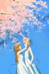  2girls absurdres adjusting_another's_headwear ahoge bare_arms blue_sky brown_eyes brown_hair cherry_blossoms chiyoda_momo commentary_request curled_horns day demon_girl demon_horns demon_tail dress eye_contact flower_wreath from_side happy head_wreath highres horns long_hair looking_at_another machikado_mazoku mayoo03 multiple_girls open_mouth outdoors pink_hair profile red_hair short_hair sky sleeveless sleeveless_dress smile spring_(season) tail white_dress yoshida_yuuko yuri 