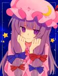  1girl blue_background blue_bow blunt_bangs blush bow bowtie closed_mouth commentary_request crescent crescent_hat_ornament hair_bow hand_on_own_face hat hat_ornament head_rest highres long_hair looking_at_viewer mob_cap multiple_hair_bows patchouli_knowledge pink_hat pink_robe purple_eyes purple_hair red_bow robe smile solo star_(symbol) touhou uro-hito 
