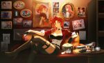  1girl black_boots black_gloves black_shorts boots breasts cake_cat_(honkai:_star_rail) cleavage cocktail_glass commentary couch crossed_legs cup drinking_glass english_commentary frederica_nikola_tesla fu_hua genshin_impact gloves himeko_(honkai:_star_rail) himeko_(young)_(honkai:_star_rail) holding holding_cup honkai:_star_rail honkai_(series) honkai_impact_3rd indoors jacket kiana_kaslana large_breasts looking_at_viewer mavuika_(genshin_impact) medium_hair murata_himeko murata_himeko_(battle_storm) murata_himeko_(vermillion_knight) name_connection neptune_(neptunia) neptune_(series) on_couch portrait_(object) red_hair red_jacket shinchora shirt short_shorts shorts smile solo tanaka_rie thighs trait_connection voice_actor_connection white_shirt yellow_eyes 