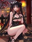  1girl absurdres ahoge bare_shoulders black_dress black_hair blush breasts china_dress chinese_clothes cleavage closed_mouth clothing_cutout commentary_request double_bun dress earrings eb_030 goddess_of_victory:_nikke hair_bun hair_ornament hand_mirror heart heart_ahoge high_heels highres holding holding_mirror jewelry korean_commentary lantern large_breasts long_hair looking_at_viewer mirror moran_(king_of_flowers)_(nikke) moran_(nikke) multicolored_hair no_bra official_alternate_costume official_alternate_hairstyle paper_lantern pelvic_curtain red_eyes red_streaks solo squatting streaked_hair tassel tassel_earrings tassel_hair_ornament twintails underboob underboob_cutout 