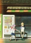  2girls absurdres ahoge antenna_hair bench blonde_hair blue_shorts brown_shorts building closed_mouth commentary crocs dated full_body hair_between_eyes hair_ribbon highres kagayama_kaede light_leak long_hair looking_at_viewer mayoo03 miyauchi_renge multiple_girls non_non_biyori on_bench open_mouth outdoors outstretched_arms palms purple_hair raglan_sleeves red_eyes ribbon shirt shoes short_sleeves shorts sitting smile standing storefront t-shirt timestamp twintails vending_machine yellow_ribbon 