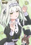  >_< 1other 2girls :d :o absurdres amiya_(arknights) animal_ear_fluff animal_ears arknights barurun_pen belt belt_buckle black_dress bow bowtie buckle buttons cat_ears cat_girl chibi claw_pose commentary doctor_(arknights) dress enmaided fingernails frills green_background green_eyes green_hair highres juliet_sleeves kal'tsit_(arknights) kal'tsit_(the_remains_of_time)_(arknights) light_blush long_sleeves looking_at_viewer maid medium_hair multiple_girls notice_lines official_alternate_costume open_mouth outline puffy_sleeves sleeve_belt sleeve_garter smile solo_focus white_belt white_bow white_bowtie white_outline 