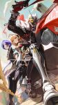  1boy 2girls absurdres ahoge bangboo_(zenless_zone_zero) bare_shoulders billy_kid billy_kid_(starlight) black_boots black_cloak black_jacket black_shoes black_skirt black_thighhighs blonde_hair blue_sky boots bracelet cactus chain chain_around_arm cissia_(zenless_zone_zero) cloak closed_mouth clothed_robot cloud commentary_request crescent crescent_earrings earrings eous_(zenless_zone_zero) floating_hair floating_scarf grin gun hair_ornament hairclip highres holding holding_gun holding_weapon horns humanoid_robot jacket jewelry long_hair looking_at_viewer metal_wrist_cuffs motor_vehicle motorcycle multiple_girls on_motorcycle outdoors pom_pom_(clothes) pom_pom_hair_ornament promeia_(zenless_zone_zero) purple_eyes purple_hair red_eyes red_scarf robot robot_boy rx-c scarf shoes skirt sky smile sparkle spiked_bracelet spiked_hair spikes thigh_boots thighhighs torn_clothes torn_scarf weapon white_hair yellow_eyes zenless_zone_zero 
