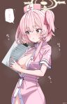  1girl absurdres blue_archive blush breasts brown_background buttons clipboard commentary_request cowboy_shot dress feather_hair hair_ribbon halo hat highres hizikit holding holding_clipboard inverted_nipples medium_breasts nipples no_bra nurse nurse_cap official_alternate_costume one_side_up parted_lips partially_unbuttoned pink_dress pink_eyes pink_hair pink_hat pink_shirt pink_skirt red_ribbon ribbon serina_(blue_archive) serina_(nurse)_(blue_archive) shirt short_sleeves simple_background skirt solo speech_bubble twitter_username yellow_halo 