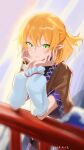  1girl against_railing arm_warmers black_skirt blonde_hair blush brown_shirt commentary_request dated green_eyes green_nails hair_between_eyes head_rest highres looking_at_viewer medium_hair mizuhashi_parsee parsee_day pointy_ears qing_yu_susurr railing shirt short_sleeves skirt solo touhou 