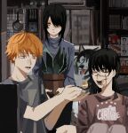  1boy 2girls absurdres blonde_hair chainsaw_man closed_eyes closed_mouth commentary denji_(chainsaw_man) dog eating english_commentary hair_over_one_eye highres indoors long_sleeves multiple_girls mykokampfwagen nayuta_(chainsaw_man) open_mouth plant poster_(object) ringed_eyes scar scar_on_cheek scar_on_face scar_on_nose shirt short_hair sidelocks t-shirt twintails window yellow_eyes yoru_(chainsaw_man) 
