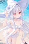  1girl absurdres bare_shoulders beach bikini blunt_ends blush breasts choker collarbone commentary_request day earrings eyes_visible_through_hair flower frilled_bikini frilled_choker frills fuyoyo hair_between_eyes hair_bun hair_intakes hair_over_one_eye hand_on_headwear hand_up hat hat_flower highres jewelry long_hair looking_at_viewer multi-strapped_bikini_bottom nail_polish navel ocean original outdoors palm_tree parted_lips pink_nails red_eyes scrunchie sidelocks small_breasts solo standing stomach suitcase swimsuit thighs tree very_long_hair white_bikini white_choker white_hair white_hat witch witch_hat wrist_scrunchie 