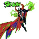  1boy belt black_bodysuit black_mask bodysuit bracelet cape chain character_name claws cowl dynamic_pose english_text fire full_body gloves glowing glowing_eyes green_fire highres jewelry male_focus mask multicolored_bodysuit multicolored_mask muscular muscular_male neal_d._anderson red_cape red_gloves simple_background skull solo spawn_(comic) spawn_(spawn) spiked_bracelet spikes superhero_costume two-tone_bodysuit two-tone_mask white_background white_bodysuit white_mask 