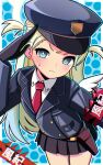  1girl ahoge-tan armband black_gloves black_skirt blonde_hair blue_archive blue_eyes blush chromatic_aberration collared_shirt commentary cosplay english_commentary gloves halo hat highres jacket long_hair long_sleeves looking_at_viewer necktie pleated_skirt police police_uniform prefect_team_member_(blue_archive) prefect_team_member_(blue_archive)_(cosplay) red_armband red_necktie salute shirt skirt solo sora_(blue_archive) sweatdrop two_side_up white_shirt wings 